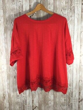 Lands' End Women Boxy Lace Detail  Short Sleeve Top Size 2XL 20W 22W 100% Cotton